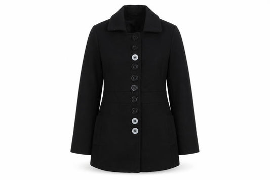 Front view of Ethel Austin women’s black jacket coat, size UK 12, button