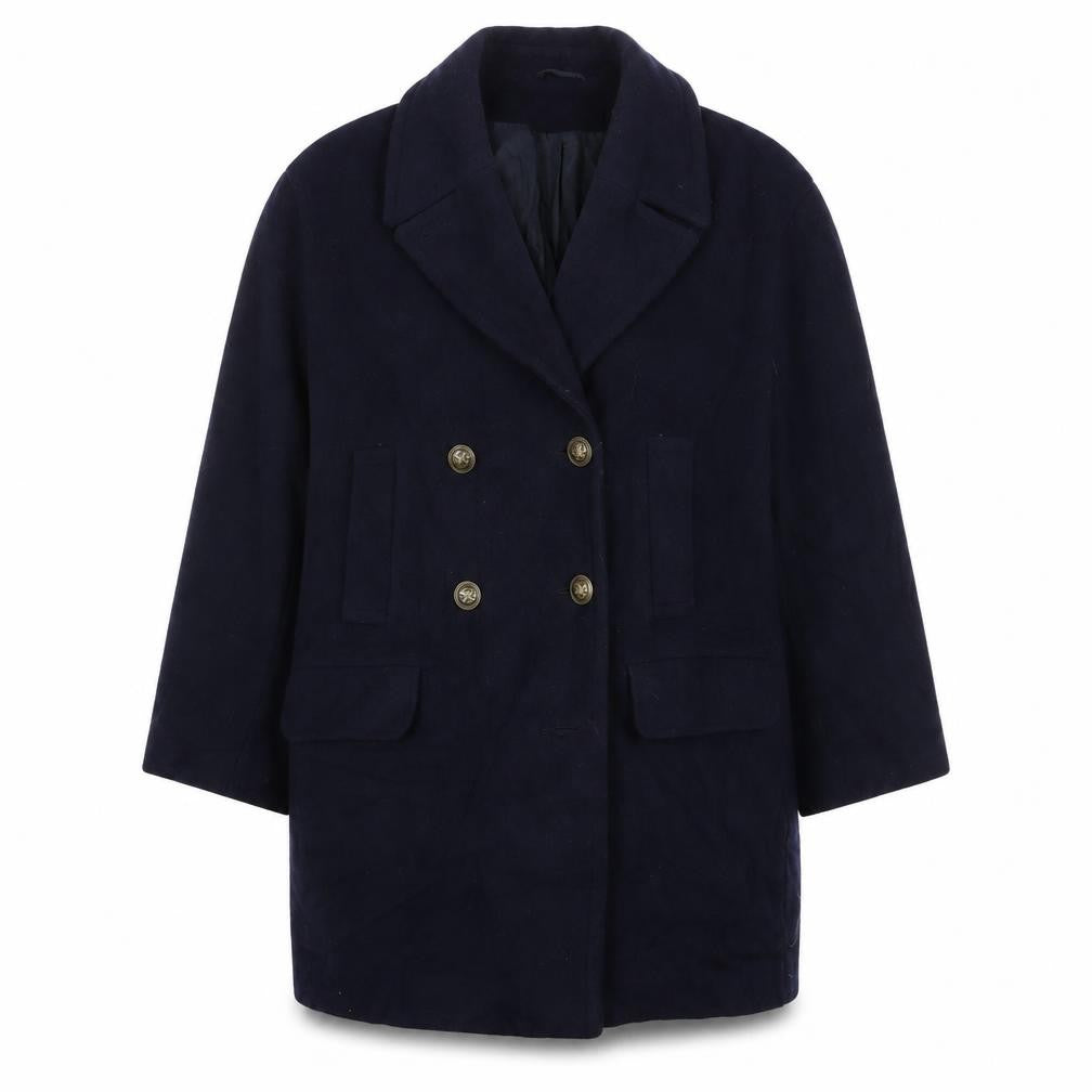Front view of BHS women’s blue overcoat coat, size UK 14, button