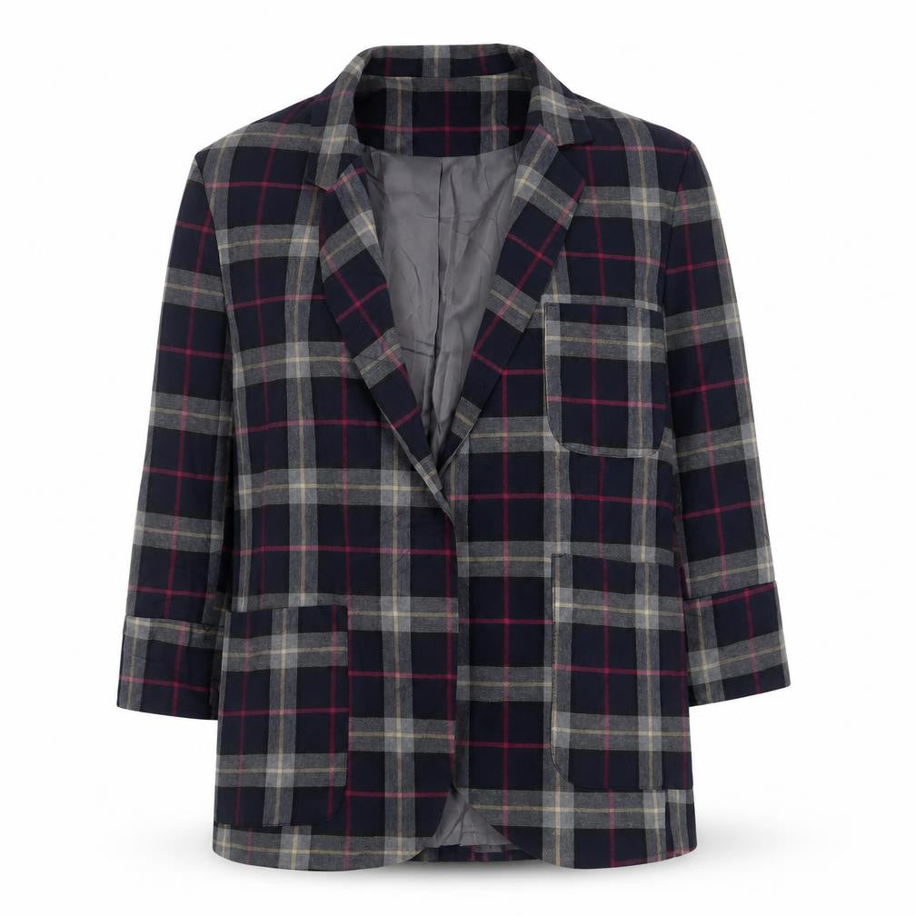 Front view of Topshop women’s multicoloured plaid jacket blazer, size UK 12, - open