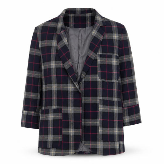 Front view of Topshop women’s multicoloured plaid jacket blazer, size UK 12, - open