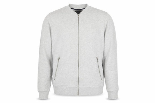 Front view of River Island men’s grey cotton full zip sweatshirt, size M, - zip pockets