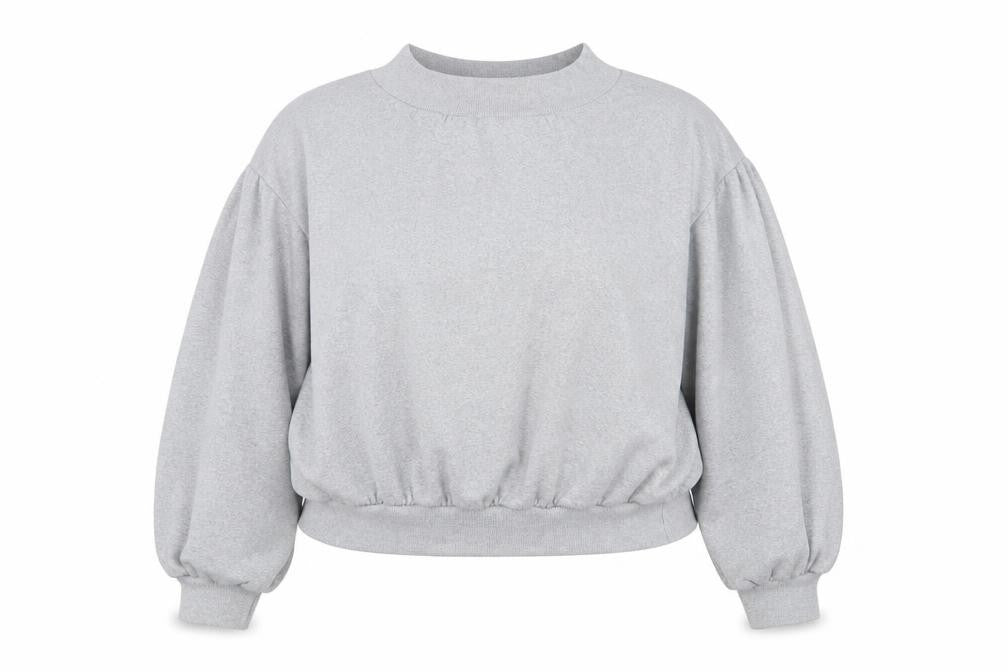 Front view of Boohoo women’s grey cotton pullover sweatshirt, size UK 18, pullover