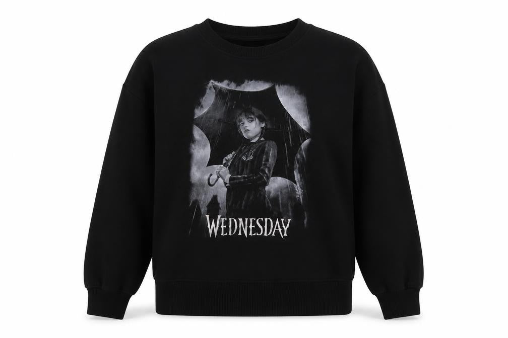 Front view of Wednesday women’s black cotton pullover sweatshirt, size M, pullover