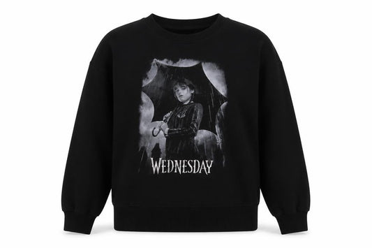 Front view of Wednesday women’s black cotton pullover sweatshirt, size M, pullover