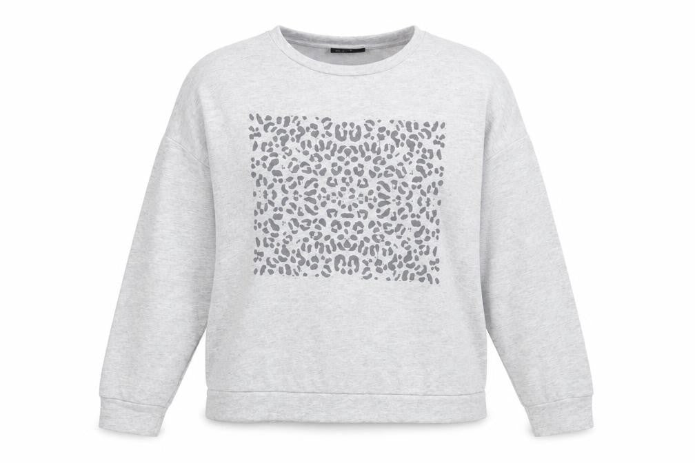 Front view of Wallis women’s grey animal print cotton pullover sweatshirt, size M, pullover