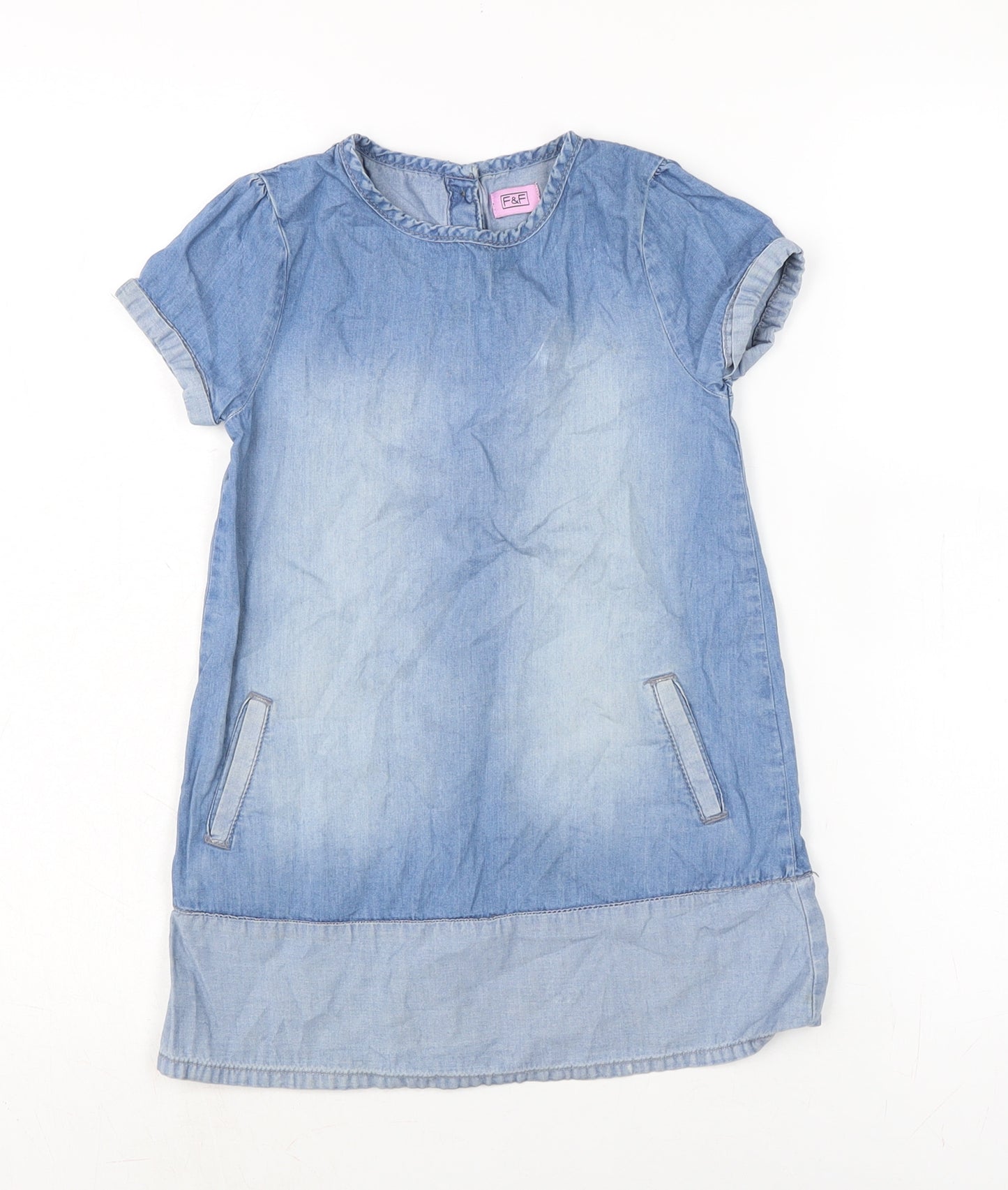 F&F Girls Blue Cotton A-Line Size 4-5 Years Cowl Neck Button