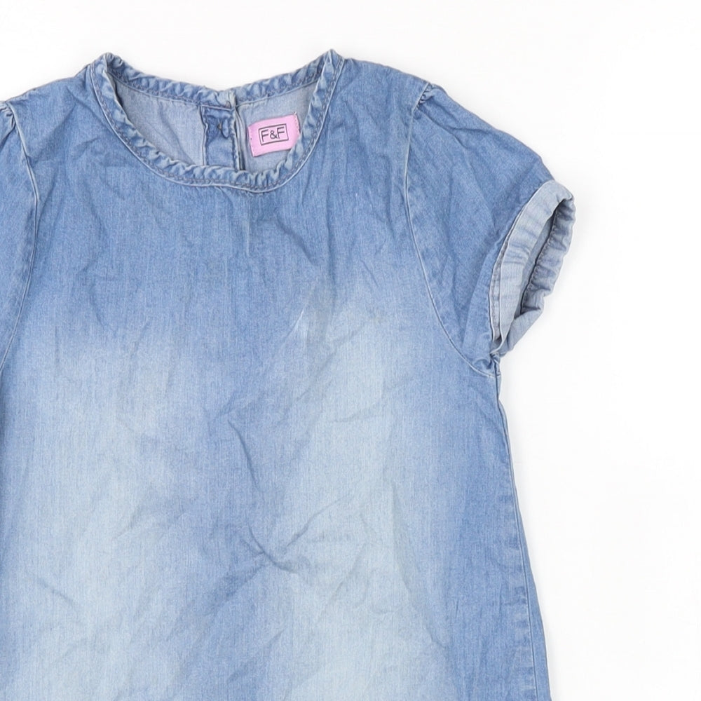 F&F Girls Blue Cotton A-Line Size 4-5 Years Cowl Neck Button