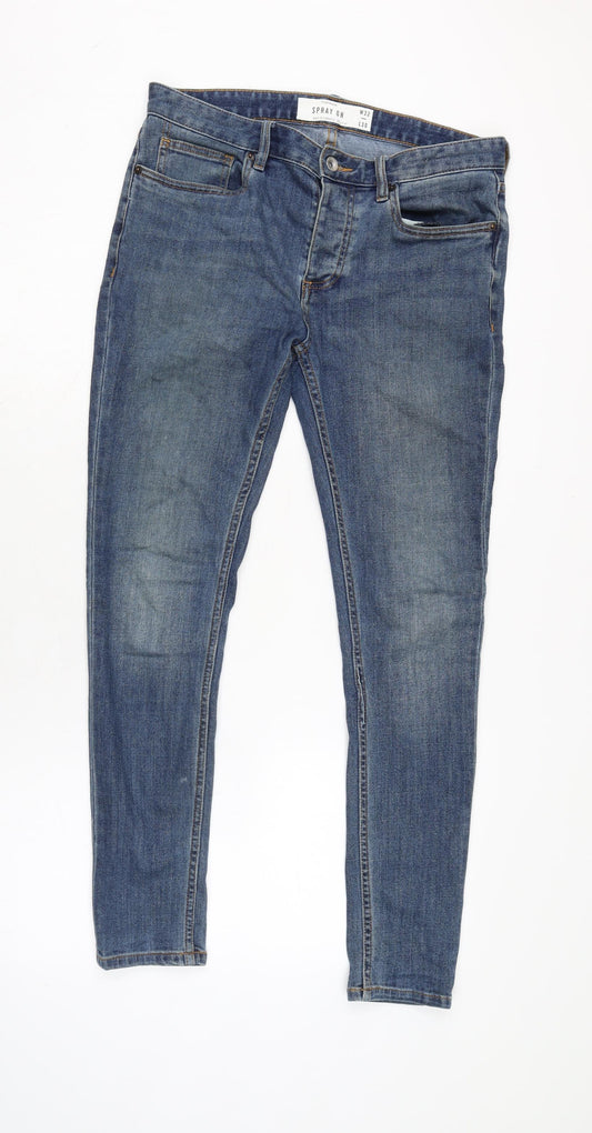 Topman Mens Blue Cotton Blend Tapered Jeans Size 32 in L28 in Regular Zip