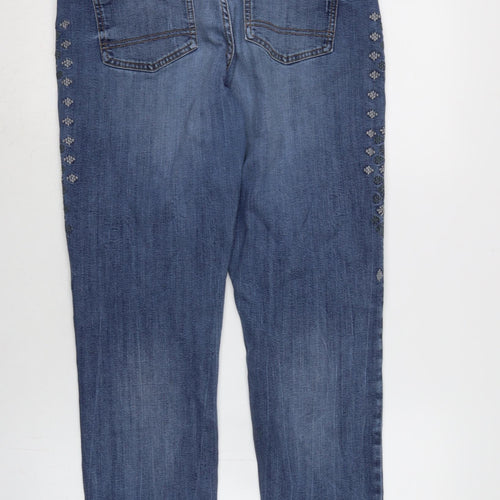 Marks and Spencer Womens Blue Cotton Blend Straight Jeans Size 12 L29 in Regular Zip - Detailed pattern to side.