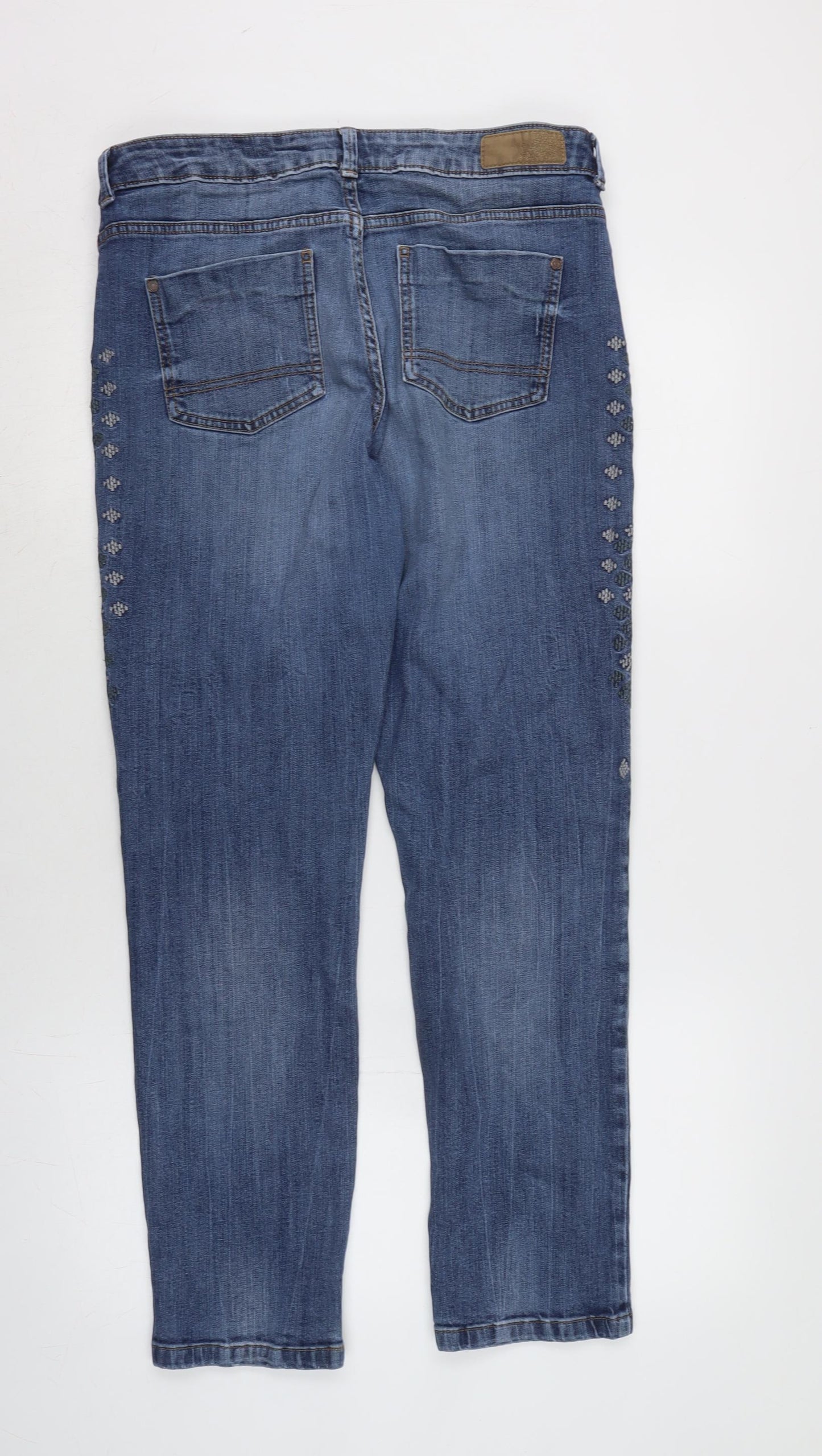 Marks and Spencer Womens Blue Cotton Blend Straight Jeans Size 12 L29 in Regular Zip - Detailed pattern to side.