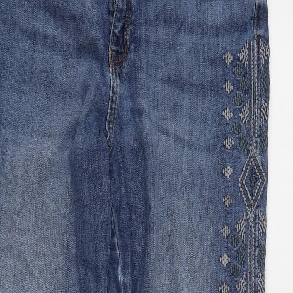 Marks and Spencer Womens Blue Cotton Blend Straight Jeans Size 12 L29 in Regular Zip - Detailed pattern to side.