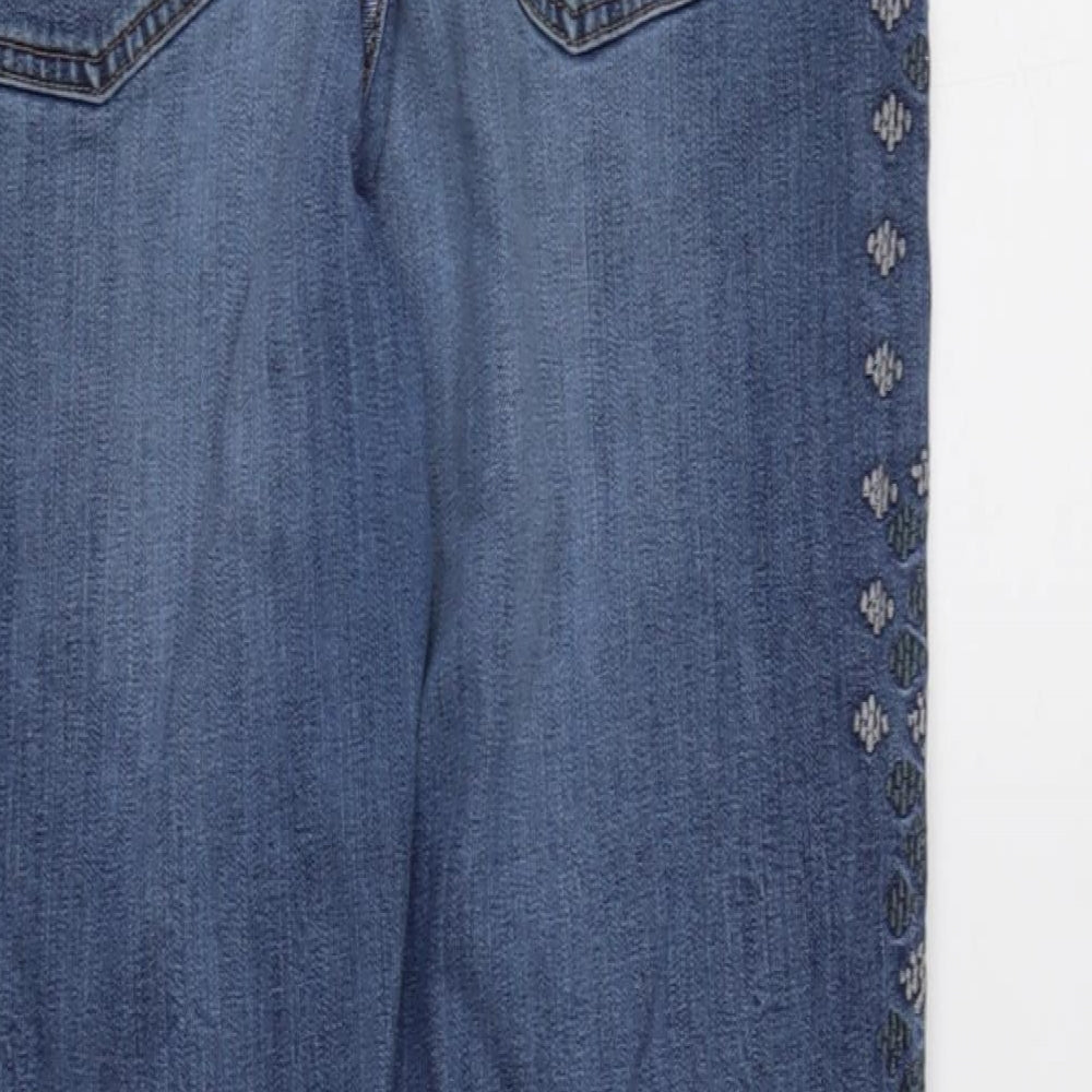 Marks and Spencer Womens Blue Cotton Blend Straight Jeans Size 12 L29 in Regular Zip - Detailed pattern to side.