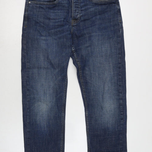 New Look Mens Blue Cotton Blend Straight Jeans Size 32 in L27 in Regular Button - Raw Hem