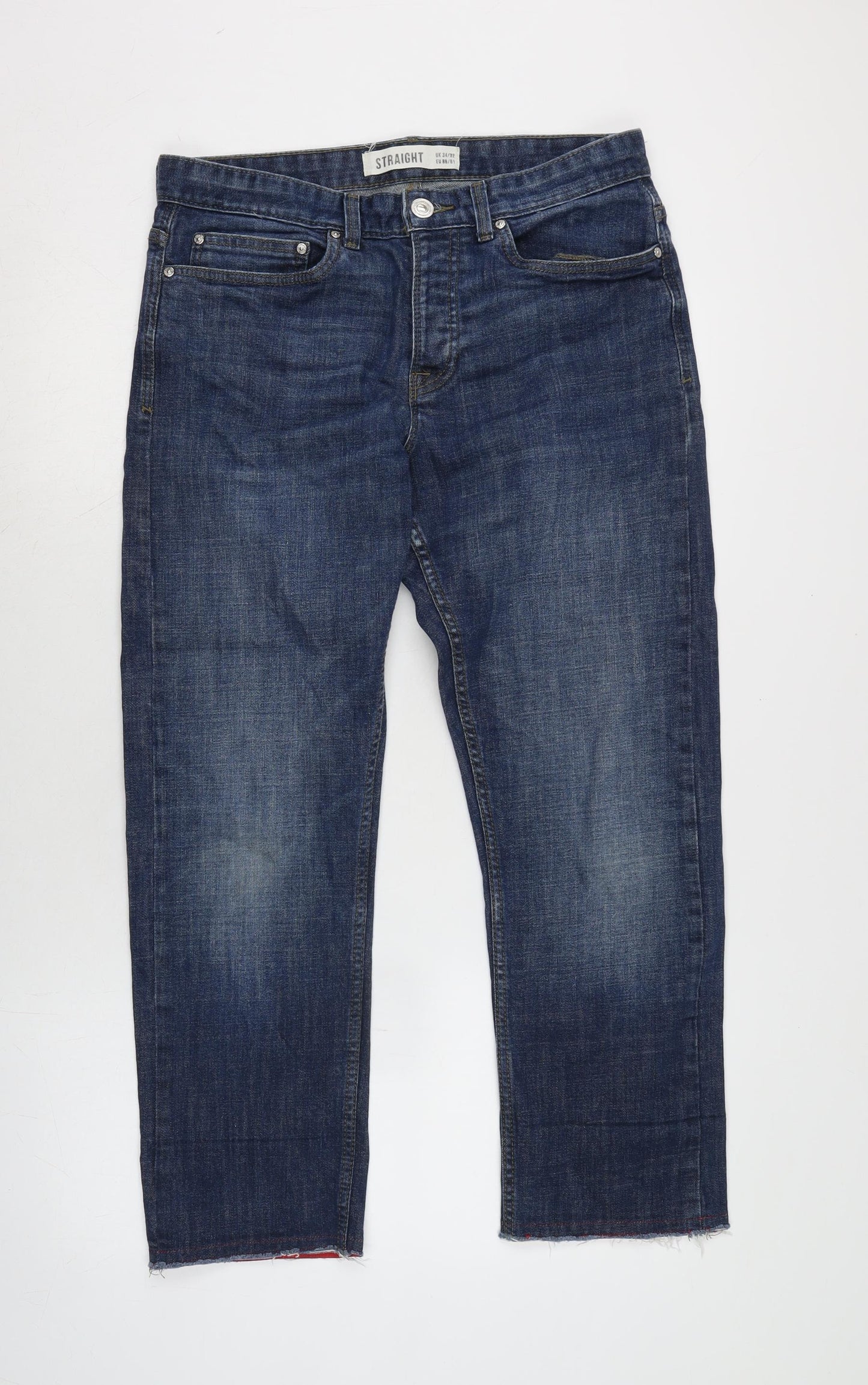 New Look Mens Blue Cotton Blend Straight Jeans Size 32 in L27 in Regular Button - Raw Hem