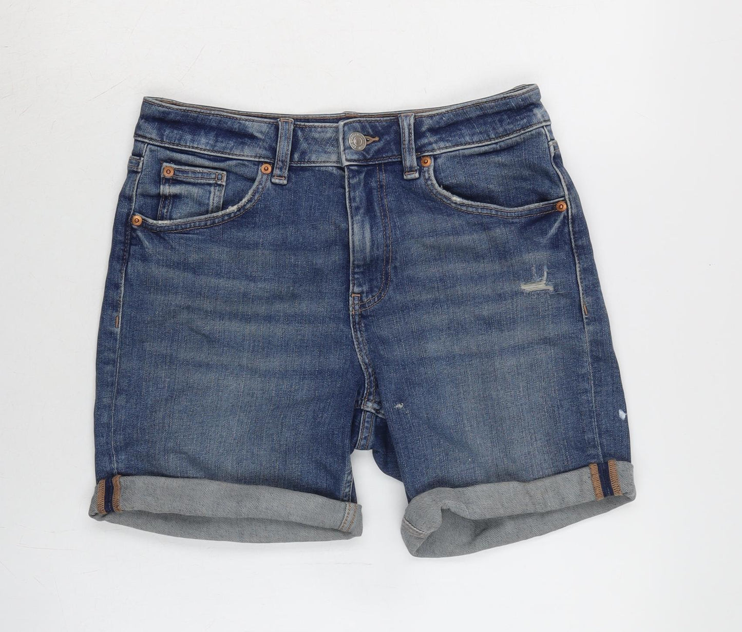 Marks and Spencer Womens Blue Cotton Boyfriend Shorts Size 8 Extra-Slim Zip - Distressed.