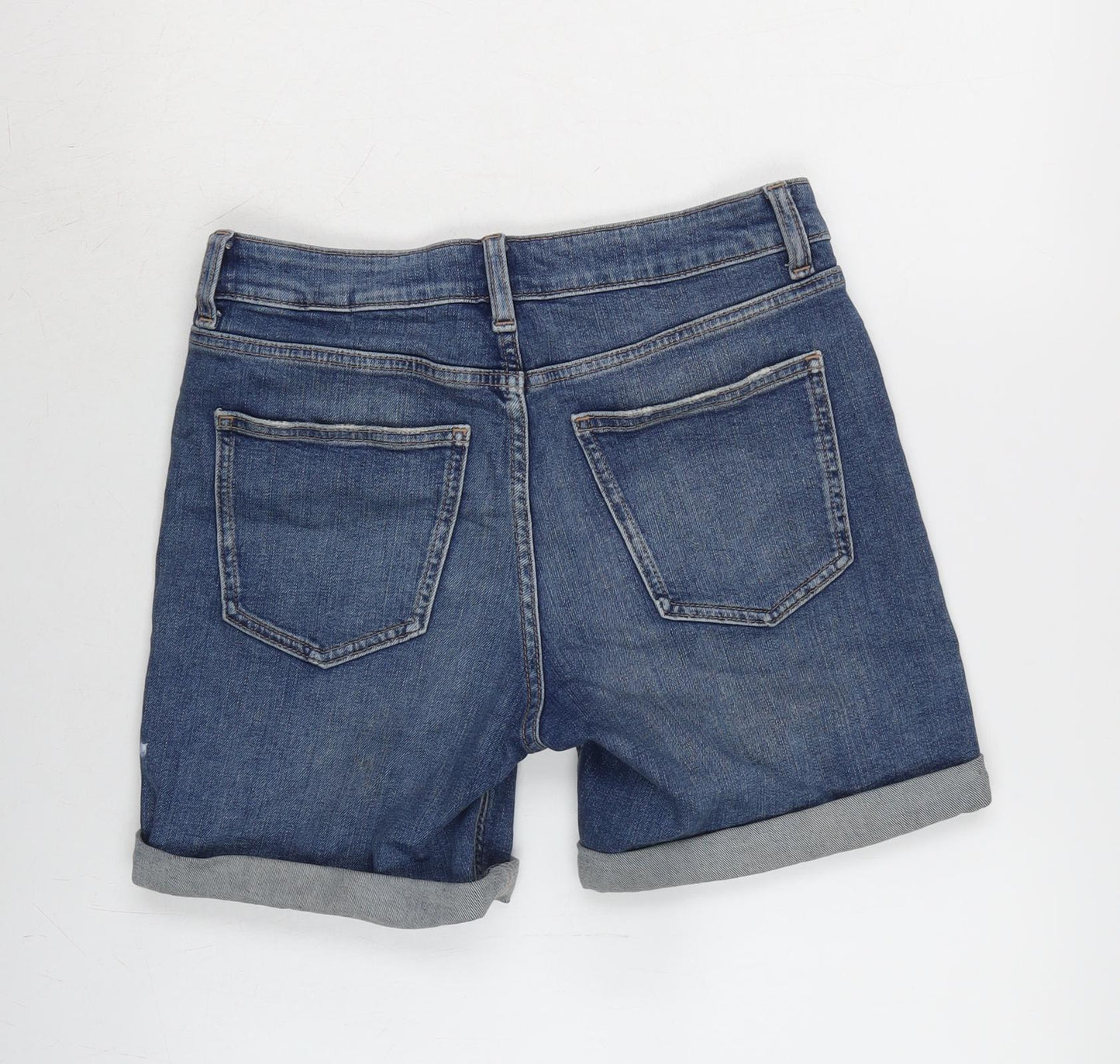 Marks and Spencer Womens Blue Cotton Boyfriend Shorts Size 8 Extra-Slim Zip - Distressed.