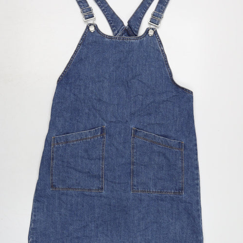 TU Womens Blue Cotton Pinafore/Dungaree Dress Size 10 Square Neck Pullover - Adjustable Straps