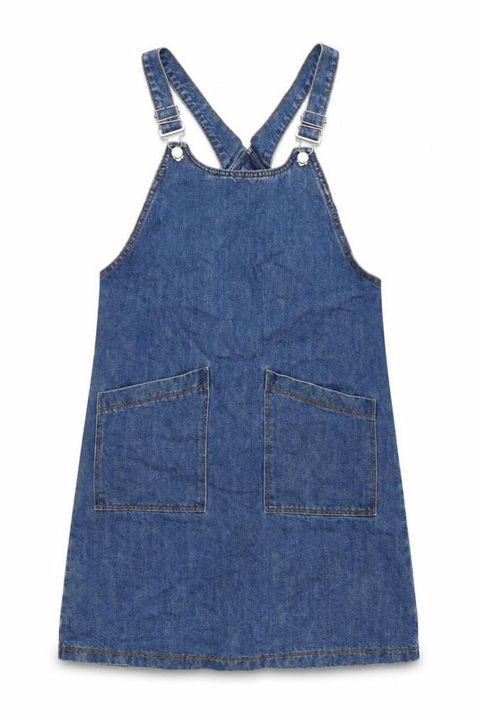 Front view of Tu women’s blue cotton pinafore/dungaree dress, size UK 10, square neck pullover - adjustable straps