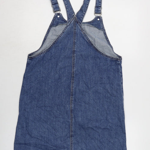 TU Womens Blue Cotton Pinafore/Dungaree Dress Size 10 Square Neck Pullover - Adjustable Straps