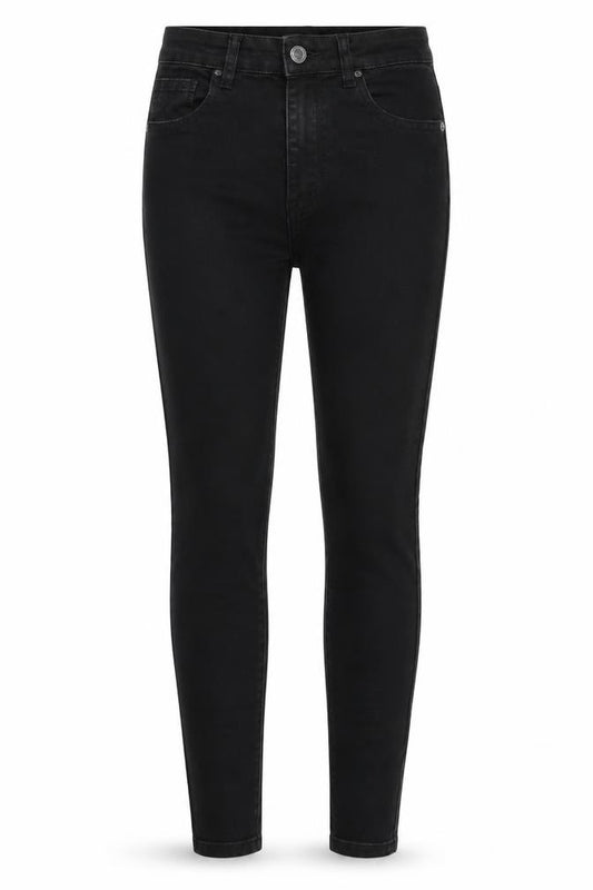 Front view of PRETTYLITTLETHING women’s black cotton blend tapered jeans, size UK 8, 28-inch leg regular zip