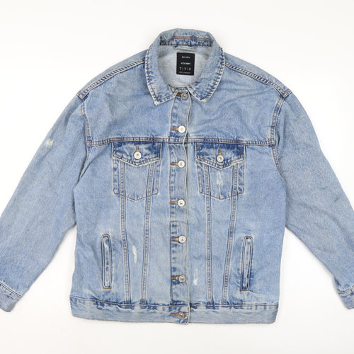 Bershaka Mens Blue Biker Jacket Size S Button - Distressed.