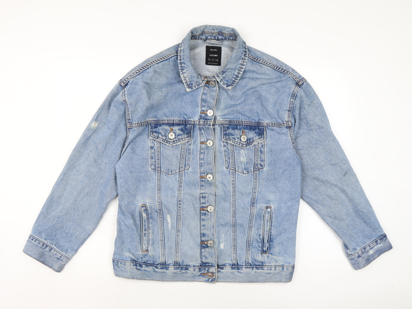 Bershaka Mens Blue Biker Jacket Size S Button - Distressed.