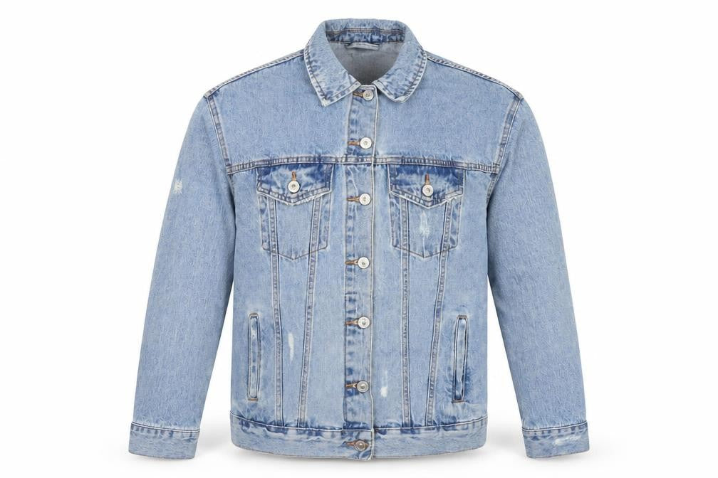 Front view of Bershaka men’s blue biker jacket, size S, button - distressed.