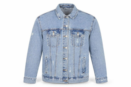 Front view of Bershaka men’s blue biker jacket, size S, button - distressed.
