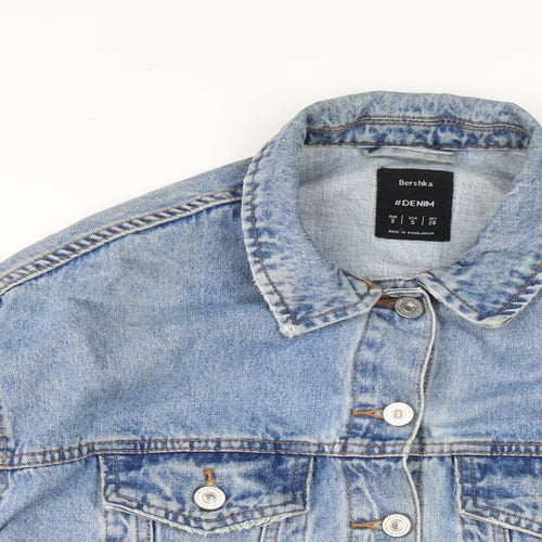 Bershaka Mens Blue Biker Jacket Size S Button - Distressed.