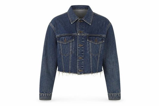 Front view of BDG women’s blue biker jacket, size L, button
