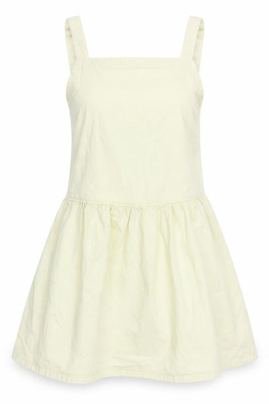Front view of Denim & Co. women’s yellow cotton pinafore/dungaree dress, size UK 10, square neck