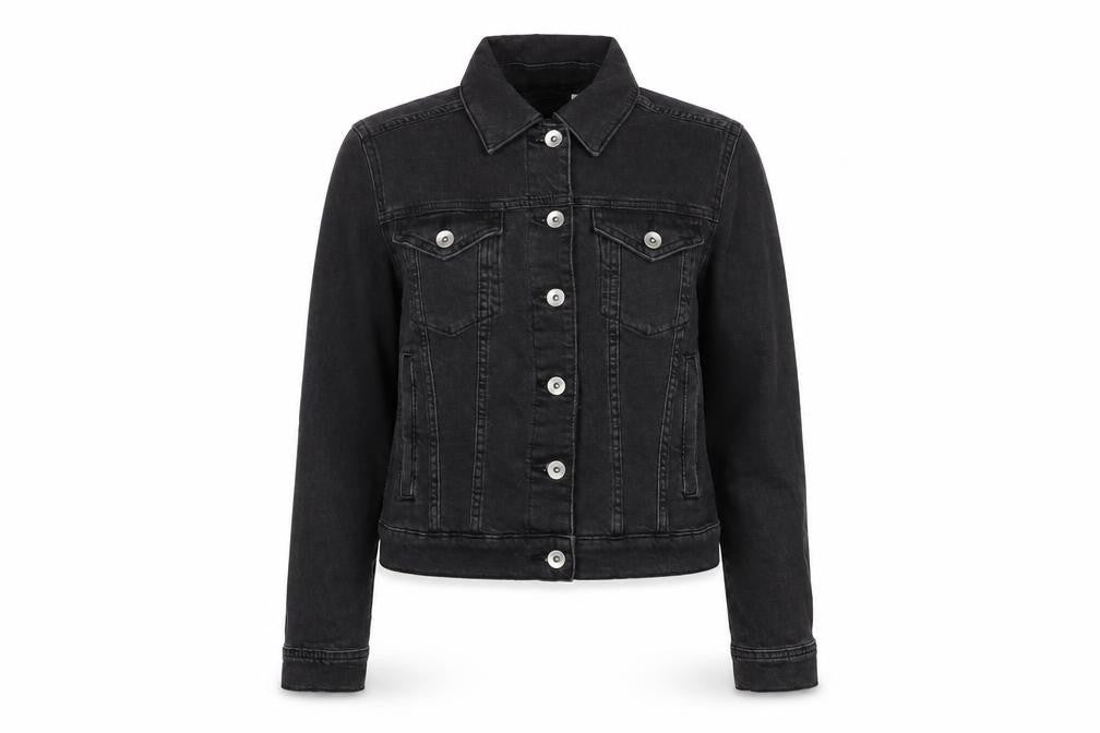 Front view of Marks & Spencer women’s grey biker jacket, size UK 10, button