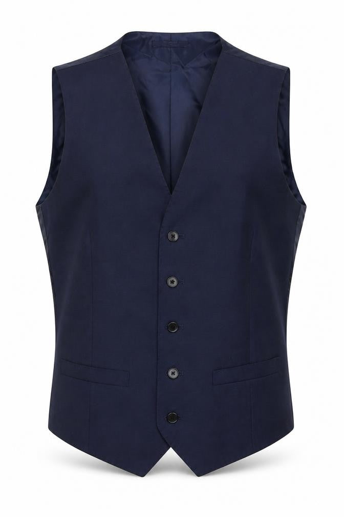 Front view of Marks & Spencer men’s blue polyester jacket suit waistcoat, size 36, regular
