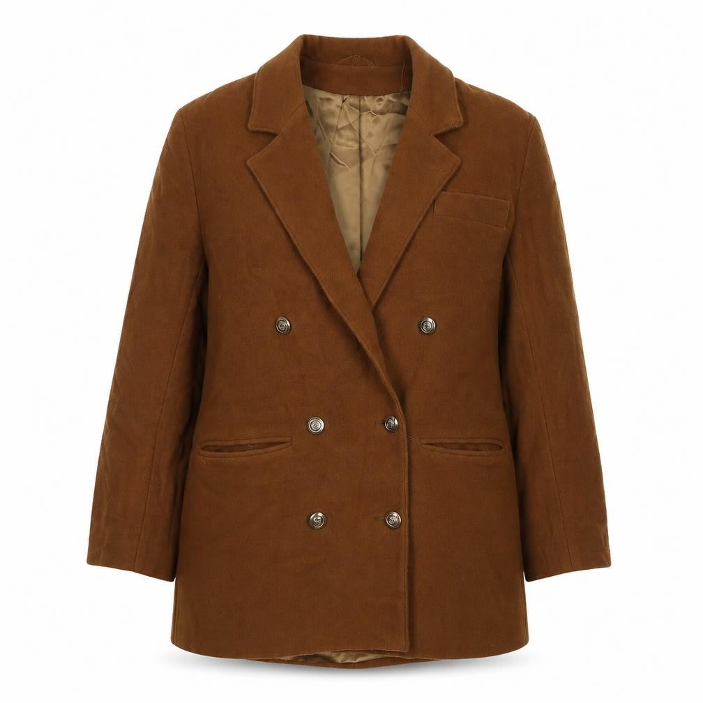 Front view of Made in U.K. women’s brown overcoat coat, size UK 14, button