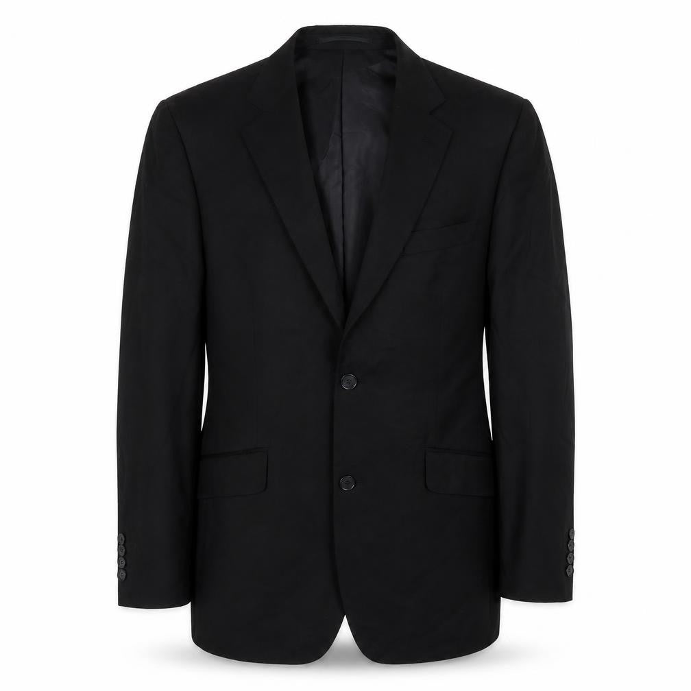 Front view of Terry de Havilland men’s black polyester jacket suit jacket, size 38, regular