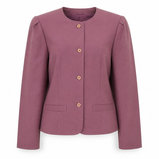 Front view of Dereta women’s purple jacket blazer, size UK 12, button