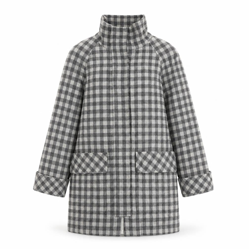 Front view of Marks & Spencer women’s grey check overcoat coat, size UK 14, zip