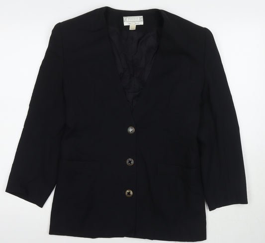 Front view of Braemar women’s black jacket blazer, size UK 8, button