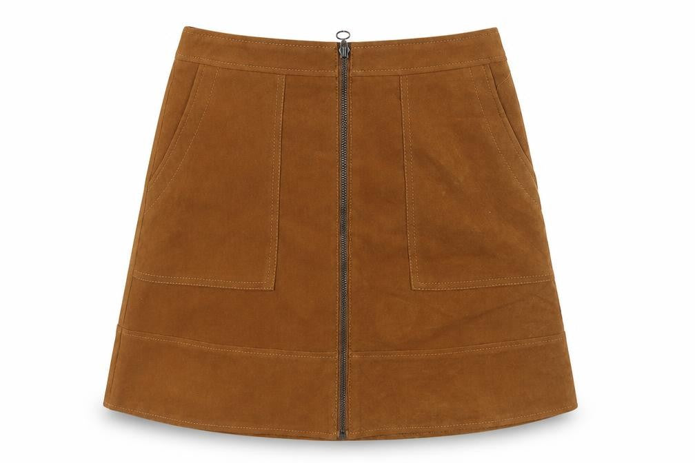 Front view of New Look women’s brown polyester a-line skirt, size UK 8, zip