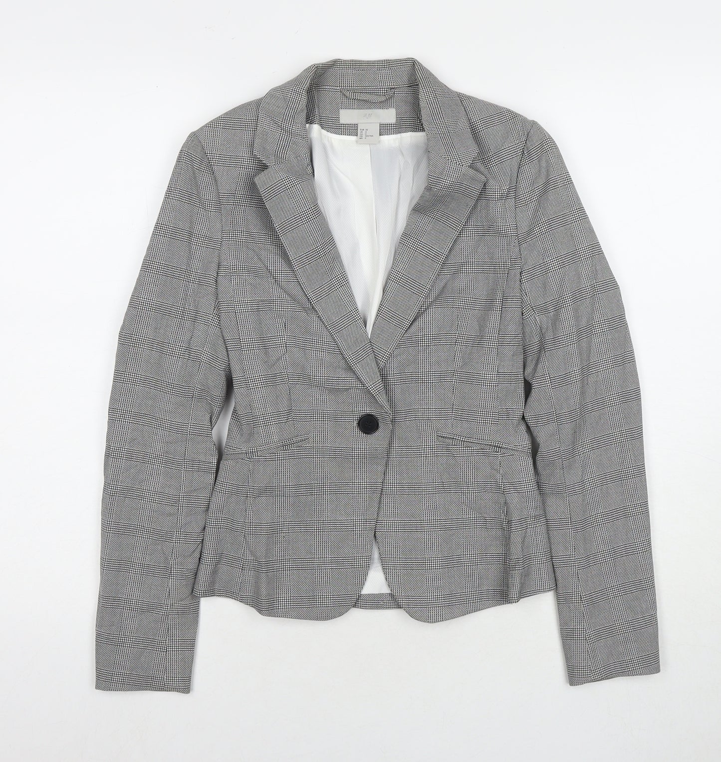 H&M Womens Grey Check Jacket Blazer Size 4 Button
