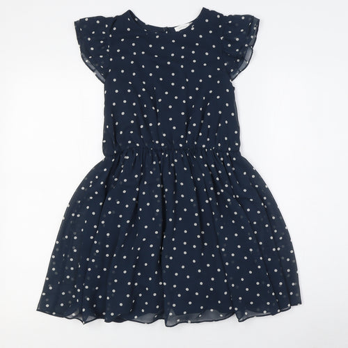 John Lewis Girls Blue Polka Dot Polyester A-Line Size 8 Years Crew Neck Button