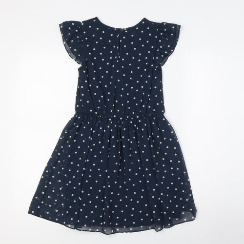 John Lewis Girls Blue Polka Dot Polyester A-Line Size 8 Years Crew Neck Button