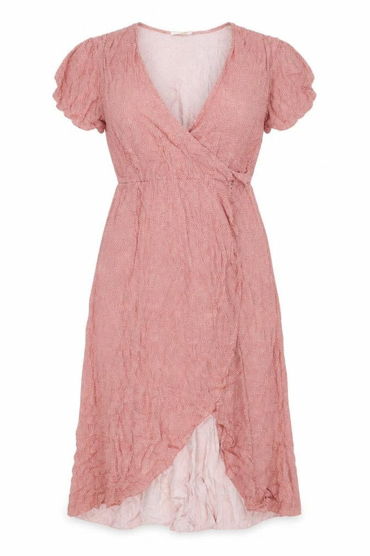 Front view of Sarta women’s pink viscose wrap dress, size M, v-neck tie