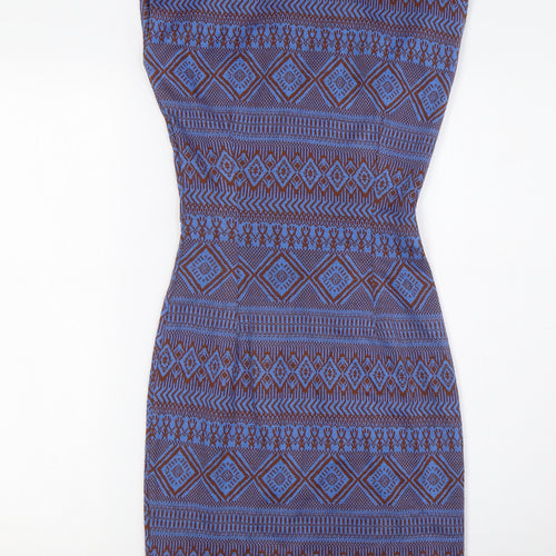Louche Womens Blue Polyester Pencil Dress Size 8 Round Neck Zip