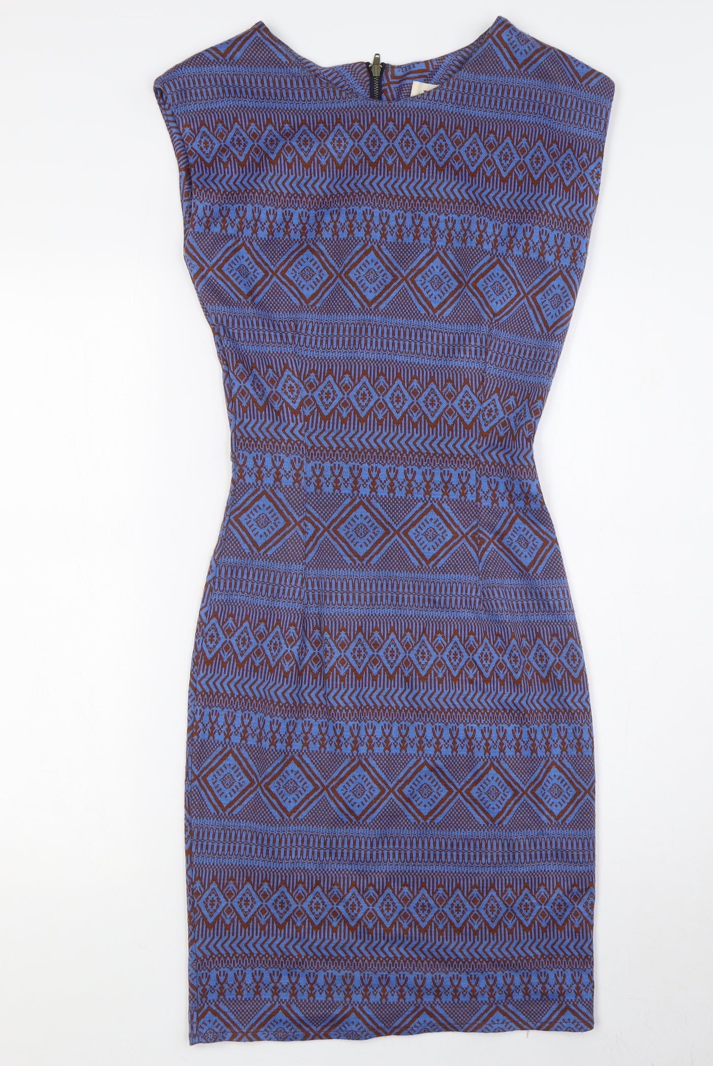 Louche Womens Blue Polyester Pencil Dress Size 8 Round Neck Zip