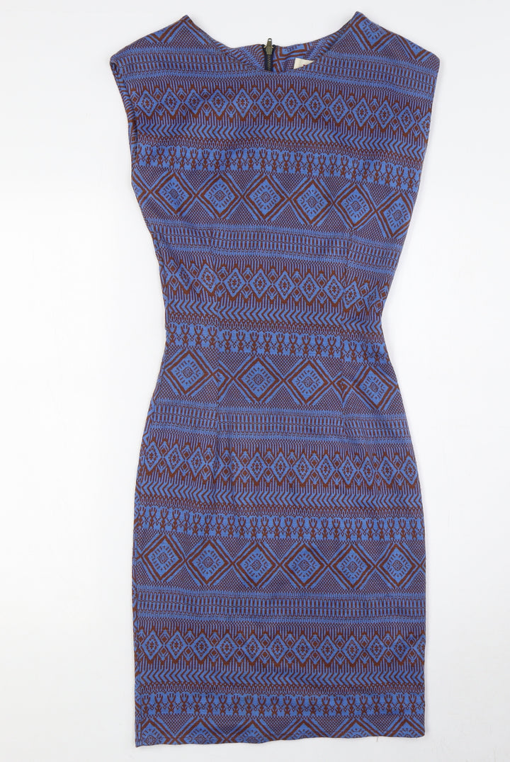 Louche Womens Blue Polyester Pencil Dress Size 8 Round Neck Zip