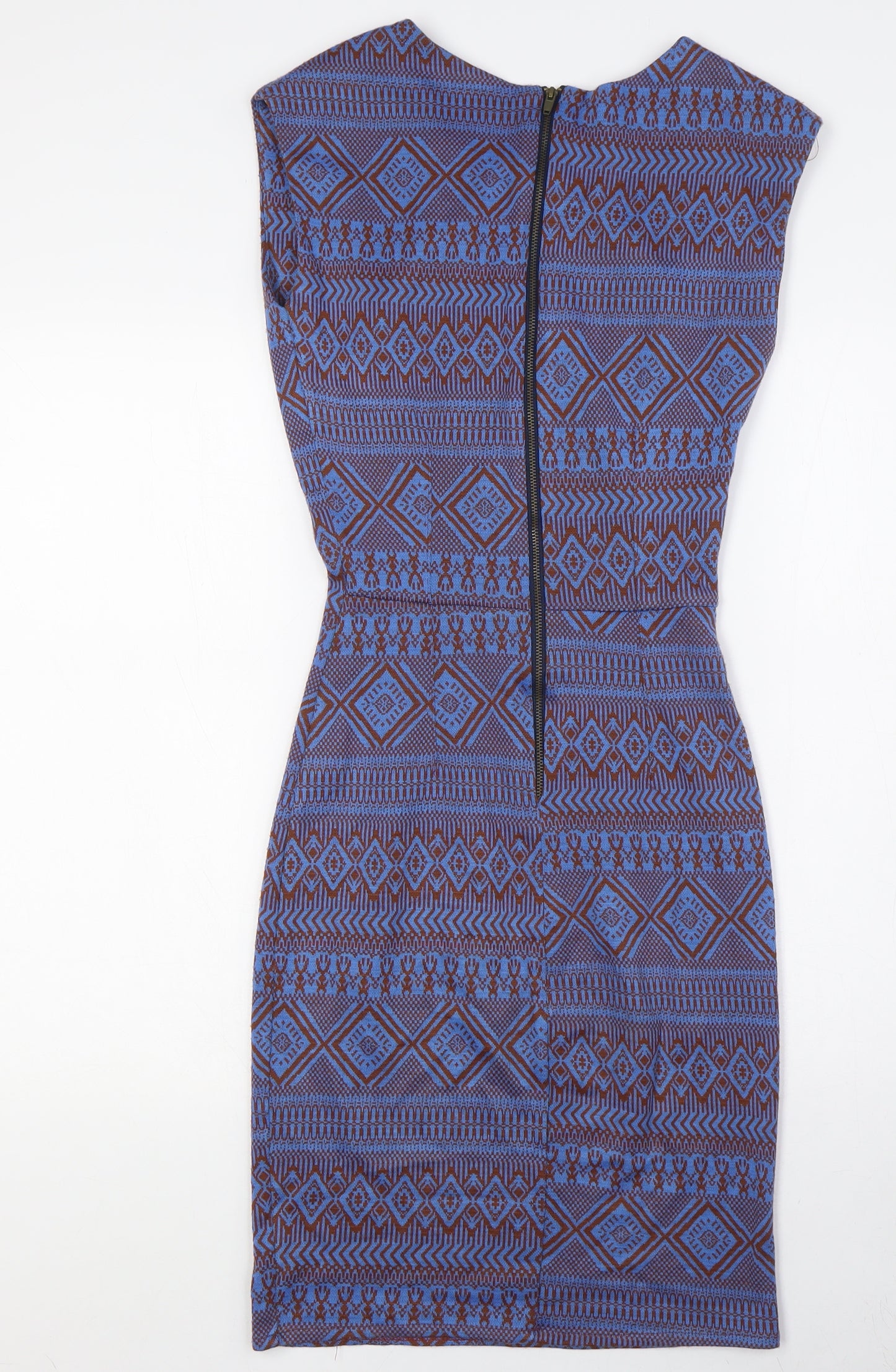 Louche Womens Blue Polyester Pencil Dress Size 8 Round Neck Zip