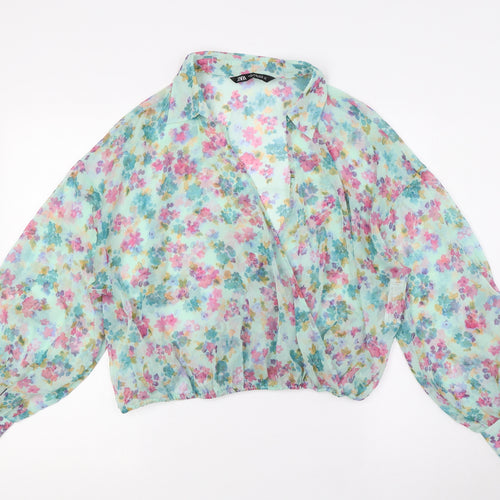 Zara Womens Multicoloured Floral Polyester Basic Blouse Size XL V-Neck - Sheer