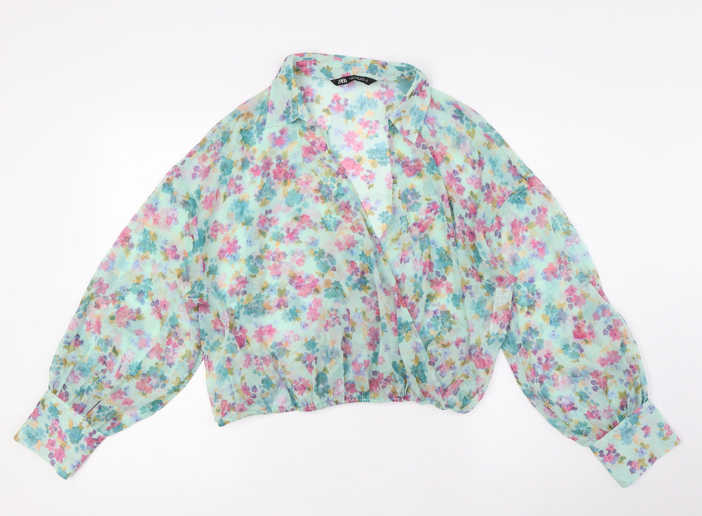 Zara Womens Multicoloured Floral Polyester Basic Blouse Size XL V-Neck - Sheer