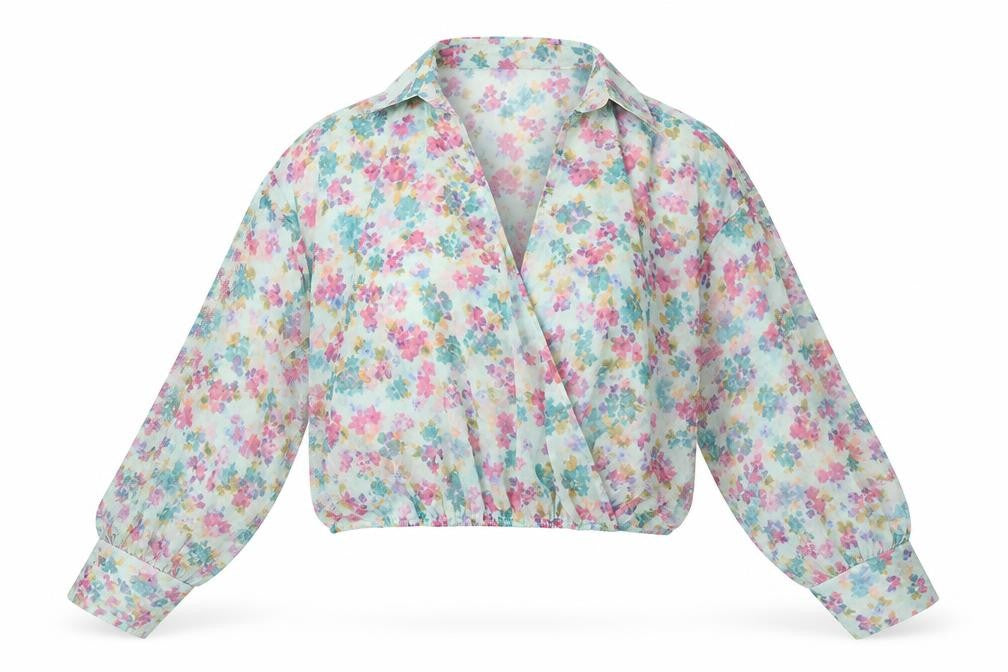Front view of Zara women’s multicoloured floral polyester basic blouse, size XL, v-neck - sheer